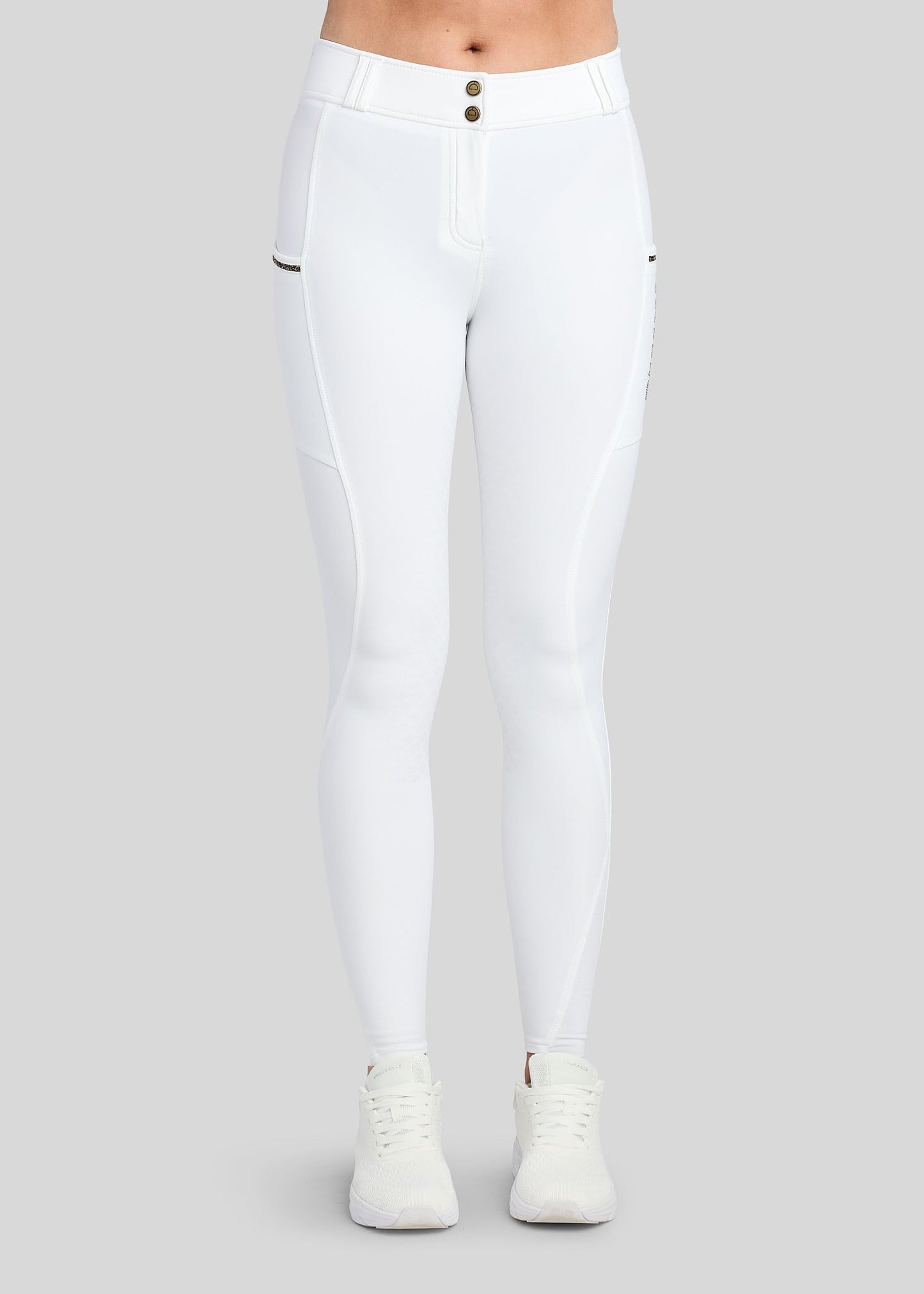 MoVeronica pantalon Montar F/G detalles con Golden Quarz - Blanco