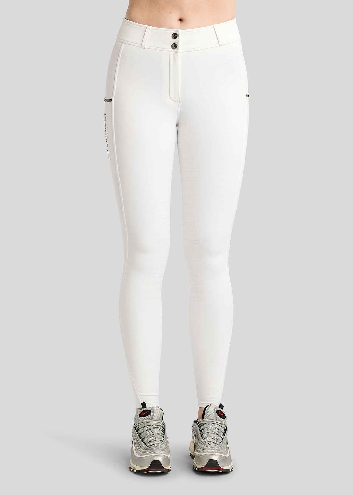 MoMaisy Pantalón Full Grip con detalles Gun Metal Crystal - Blanco