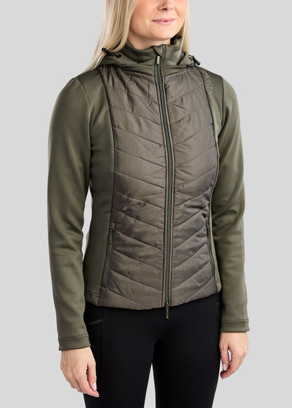 MoEverline Chaqueta Híbrida Montar con Capucha Desmontable y detalles Golden Quartz -Forest Green