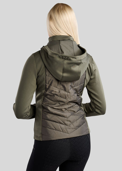 MoEverline Chaqueta Híbrida Montar con Capucha Desmontable y detalles Golden Quartz -Forest Green