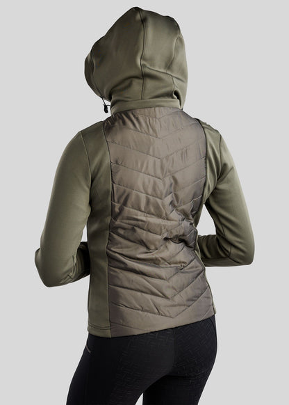 MoEverline Chaqueta Híbrida Montar con Capucha Desmontable y detalles Golden Quartz -Forest Green